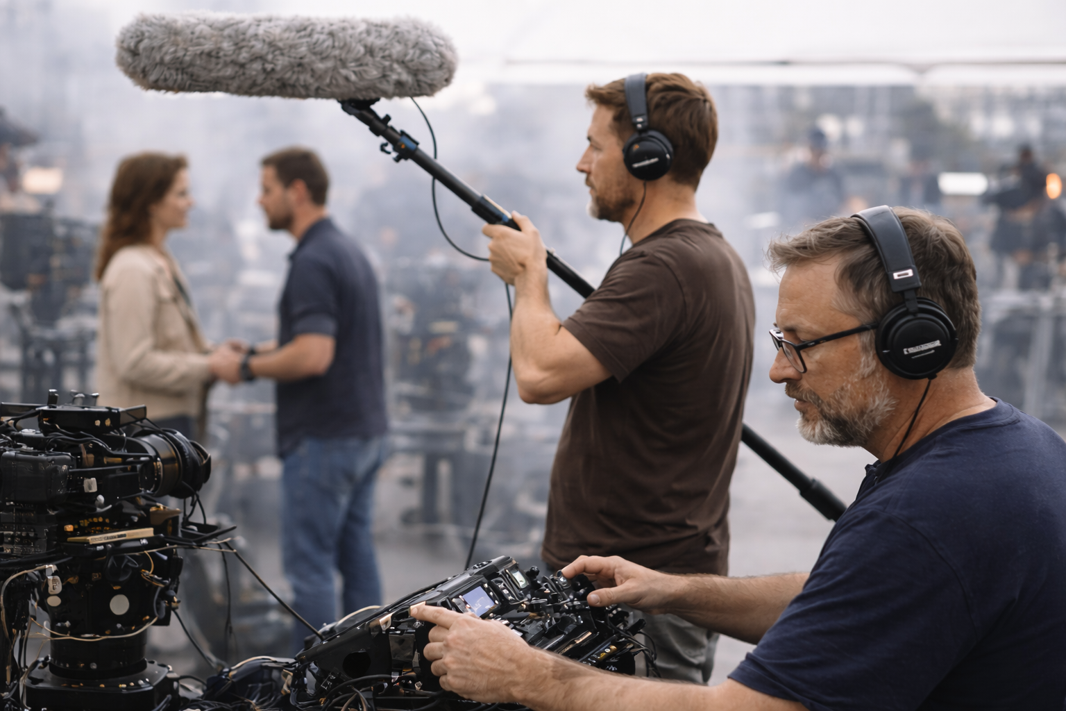 Sound mixer and boom operator recording dialogue on set during principal photography for professional film production services.