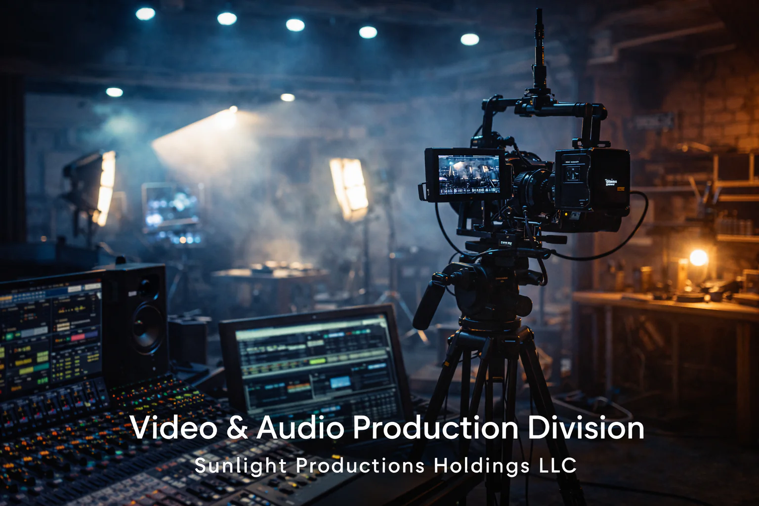 Electronic Press Kit for Sunlight Productions Holdings LLC 4 Video and audio production studio with cinema camera and mixing console representing Sunlight Productions Holdings LLC video and audio production division.
