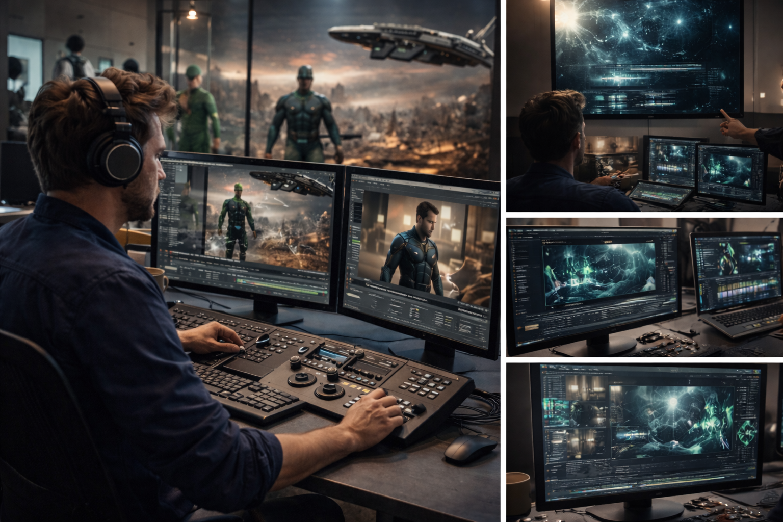 Film post-production visual effects and motion graphics workflow showing VFX creation, title design, and graphics integration.