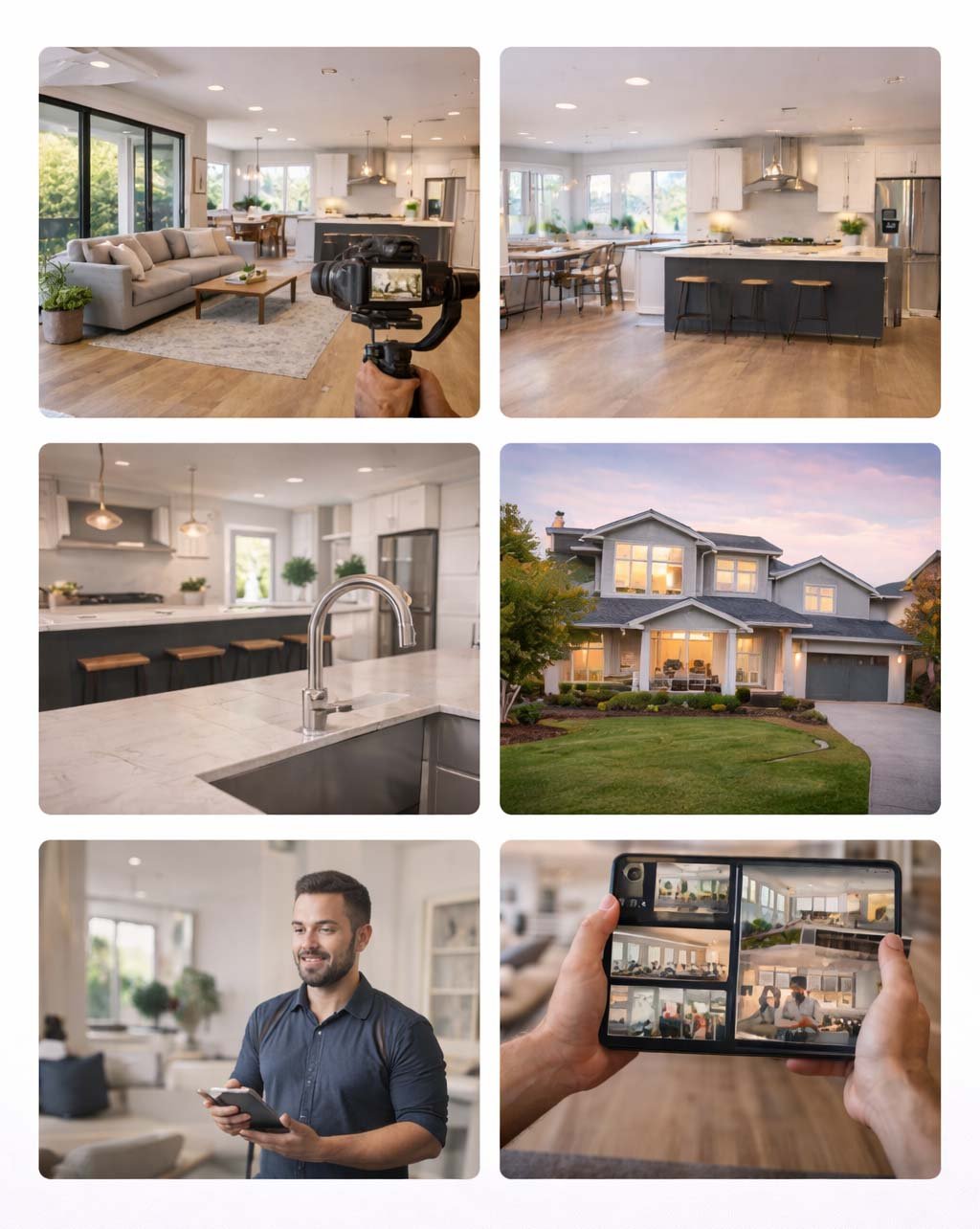 Real estate video coverage services mockup showing residential walkthroughs, commercial coverage, feature highlights, exterior context, hosted segments, and platform deliverables.