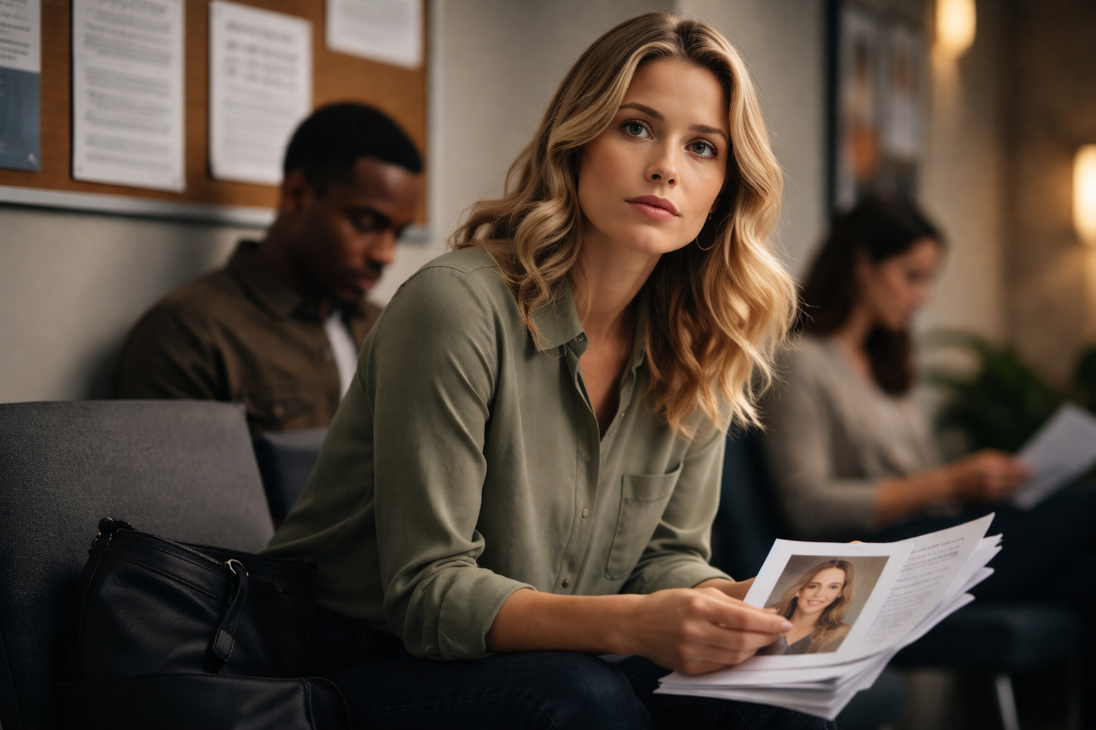 Actor reel production context showing an actor preparing headshots and materials before a casting audition.