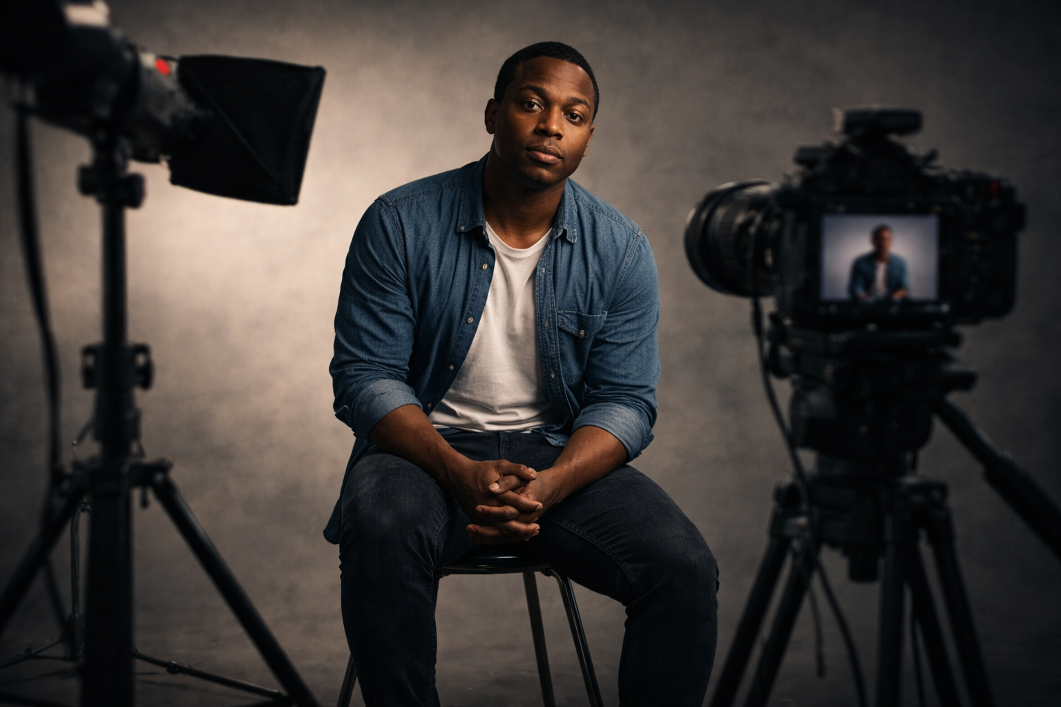 Actor reel production showing a seated medium shot performance filmed with professional camera and lighting.