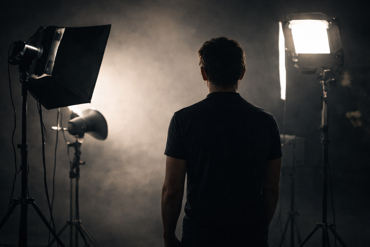Actor reel production lighting setup showing professional studio lights preparing an on-camera performance.