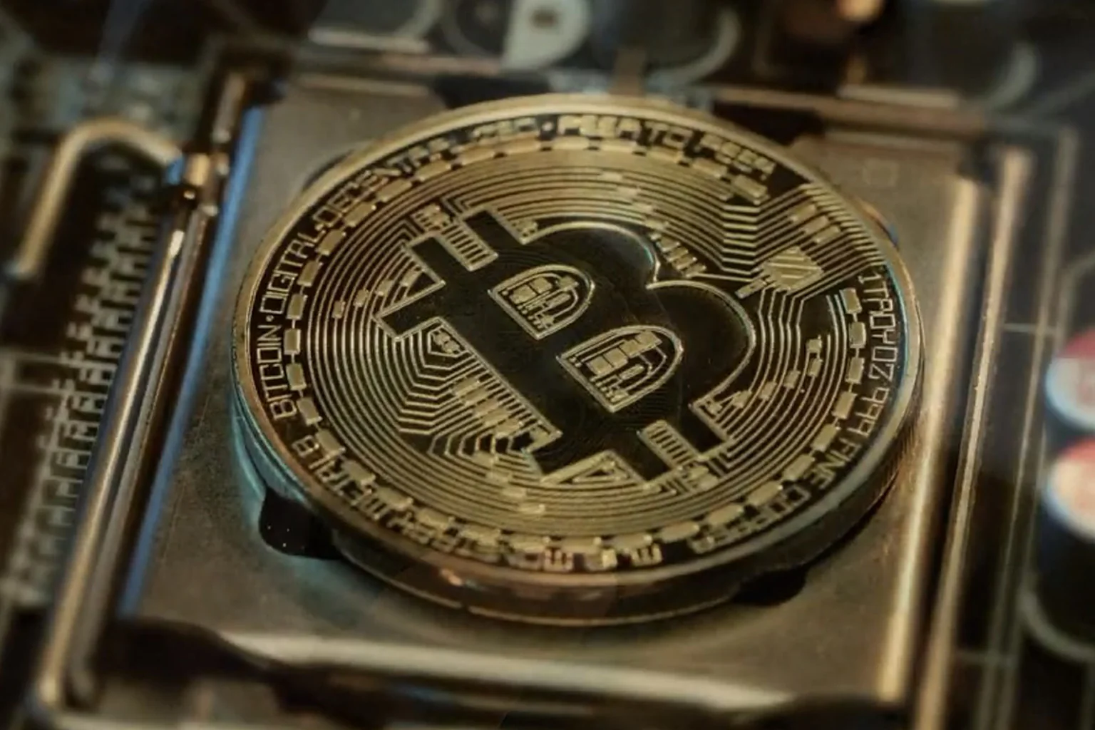 Bitcoin the Impossible Future close-up of bitcoin coin integrated with digital hardware.