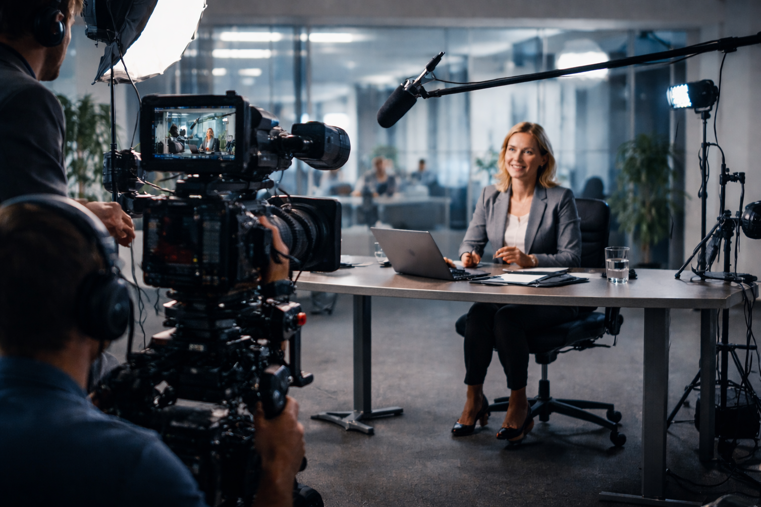 Commercial video services behind the scenes professional video production crew filming brand content.