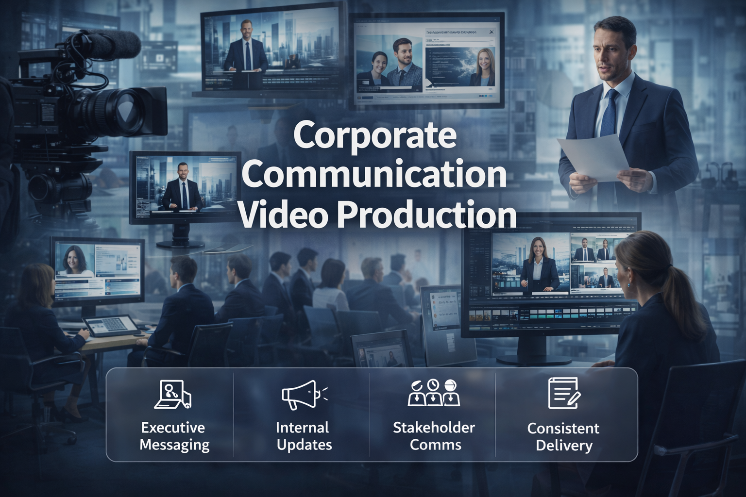 Corporate communication video production for internal and external business messaging.