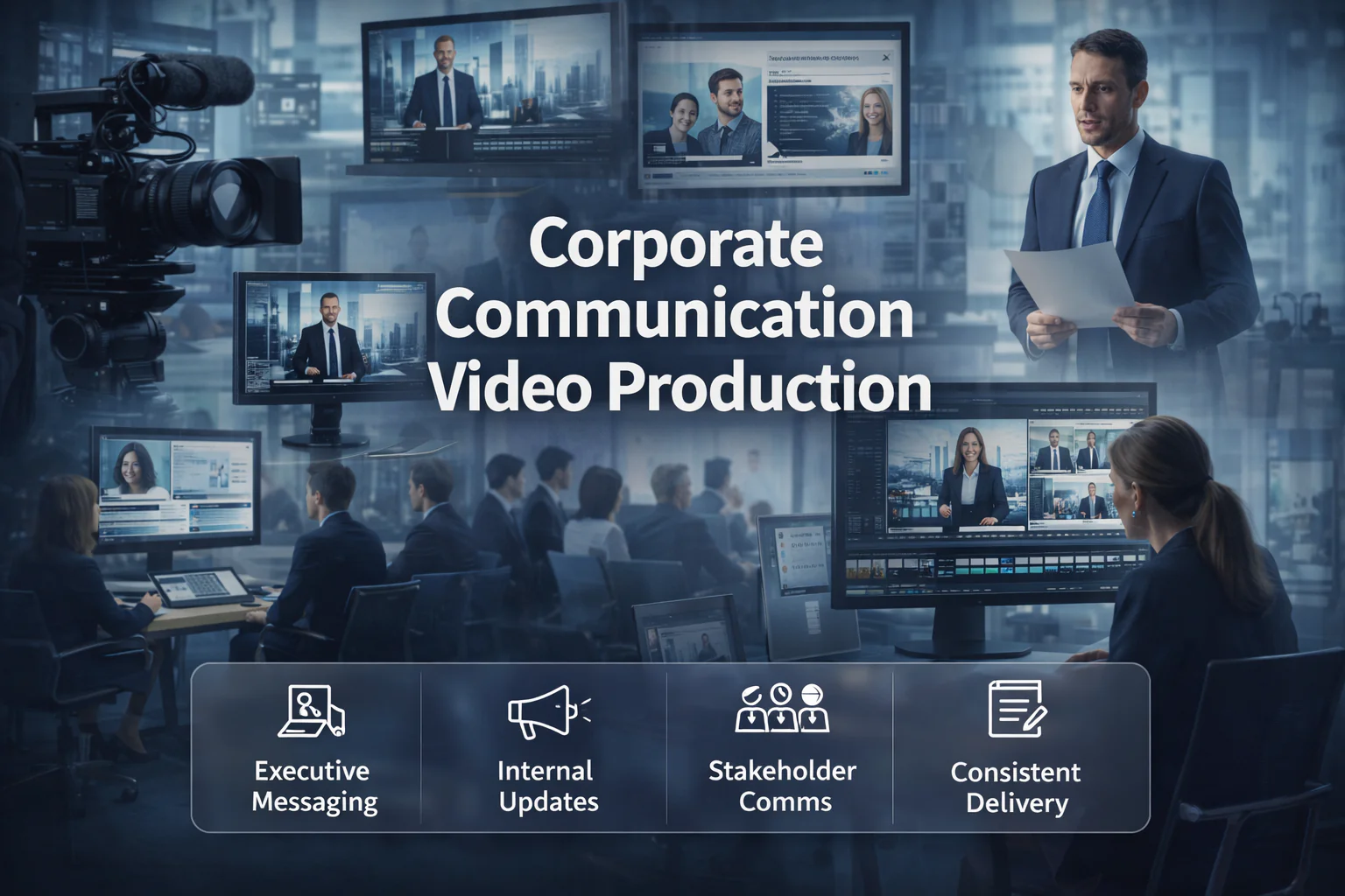 Corporate communication video production for internal and external business messaging.