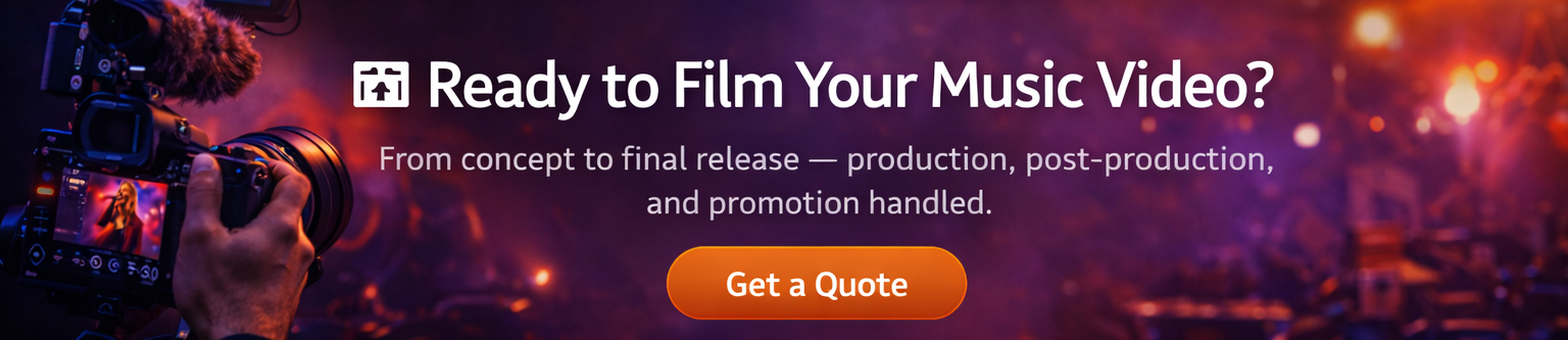 Cinematic music video production call to action showcasing professional filming, editing, and release strategy.