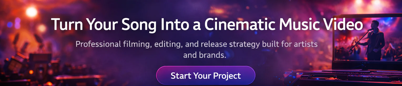 Music video services banner featuring production, post-production, and promotional support for artists.