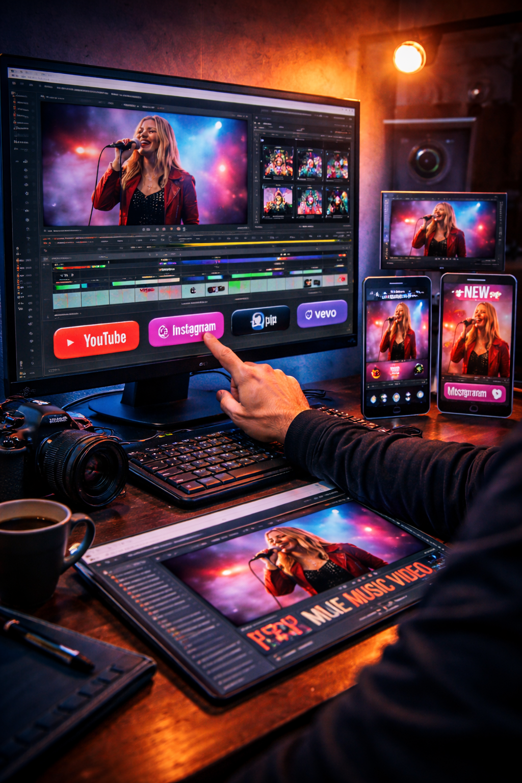 Music video final deliverables showing multi-platform exports for YouTube, Vevo, Instagram Reels, TikTok, and Shorts with thumbnail selection and optimized formats.