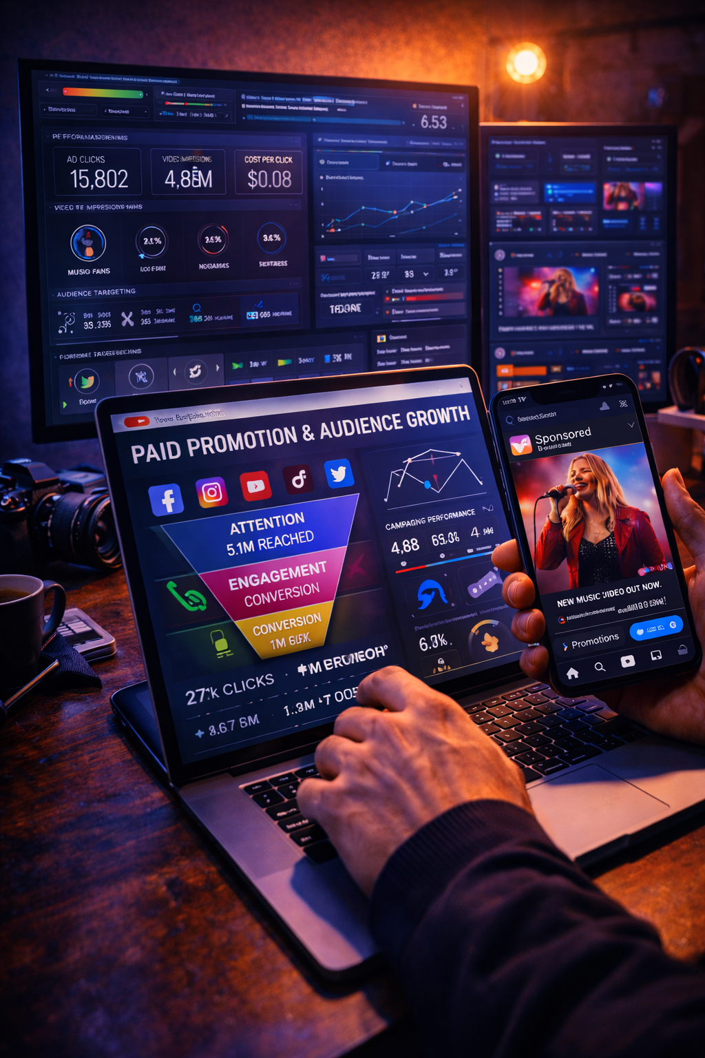 Paid music video promotion and audience growth campaign showing social media advertising dashboards, performance analytics, targeting, and sponsored video content.