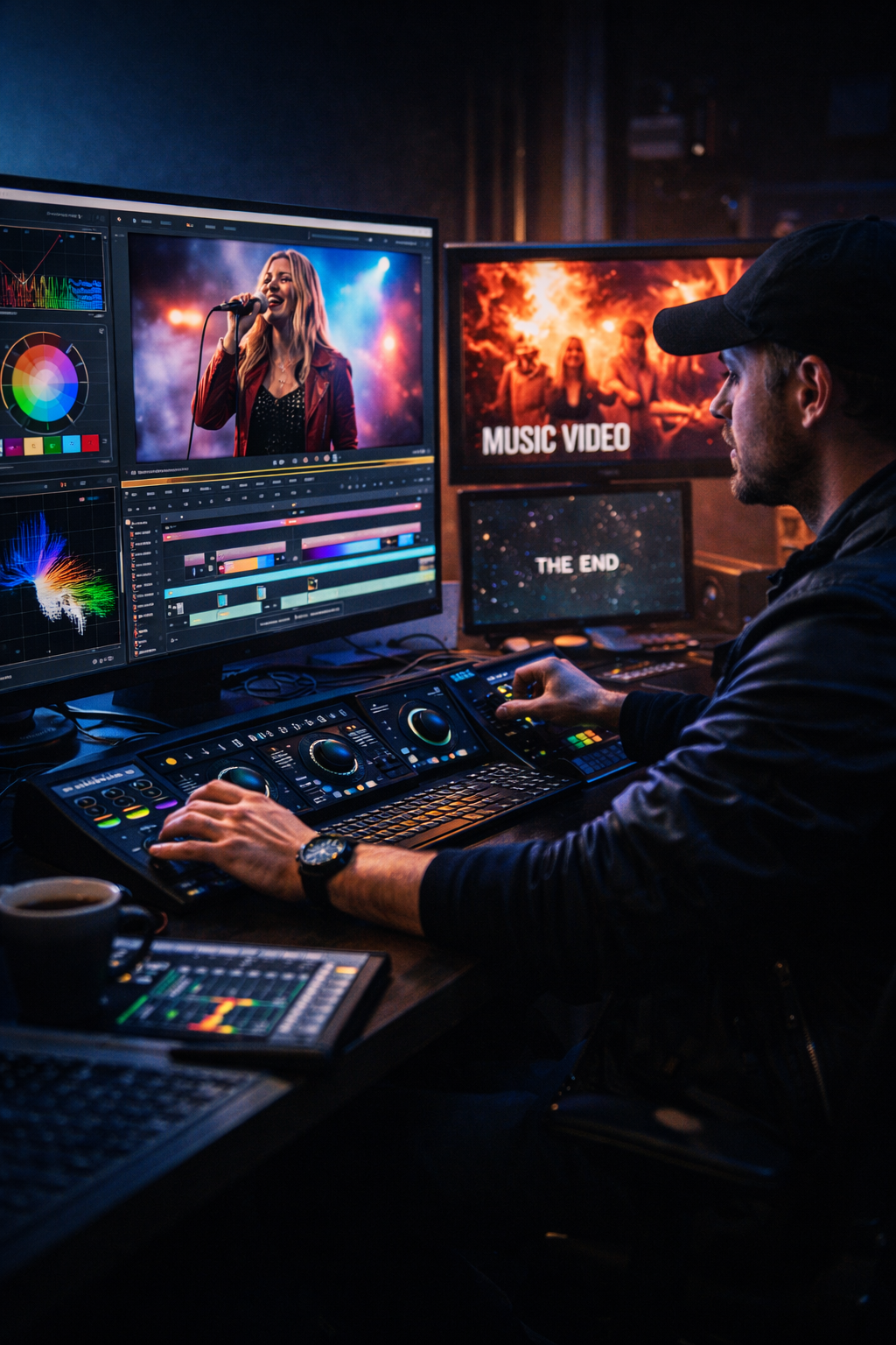 Music video post-production editing suite with professional video editor performing color grading, visual effects, and cinematic finishing on multiple monitors.