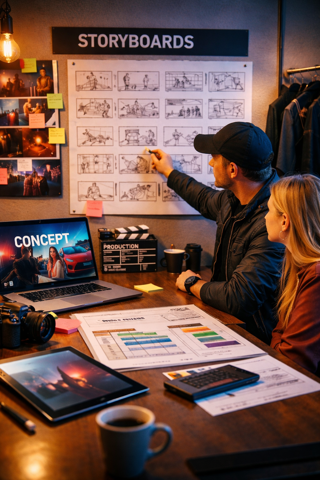 Modern music video pre-production planning with director reviewing storyboards, creative concept development, and production scheduling in a professional studio environment.