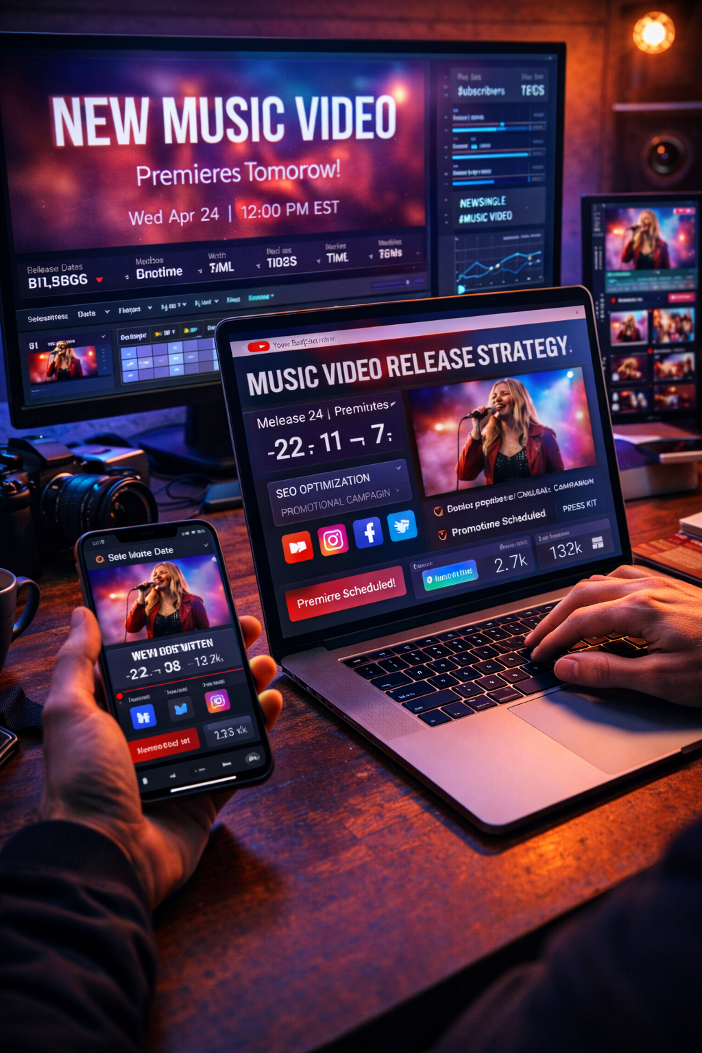Music video release strategy and distribution planning showing YouTube premiere scheduling, SEO optimization, metadata setup, and multi-platform launch management.
