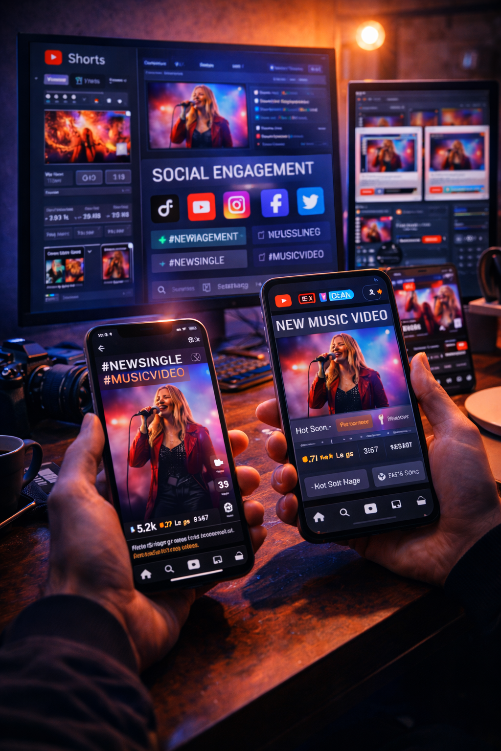 Music video social media promotion showing Instagram Reels, TikTok videos, YouTube Shorts, engagement analytics, and multi-platform posting strategy.