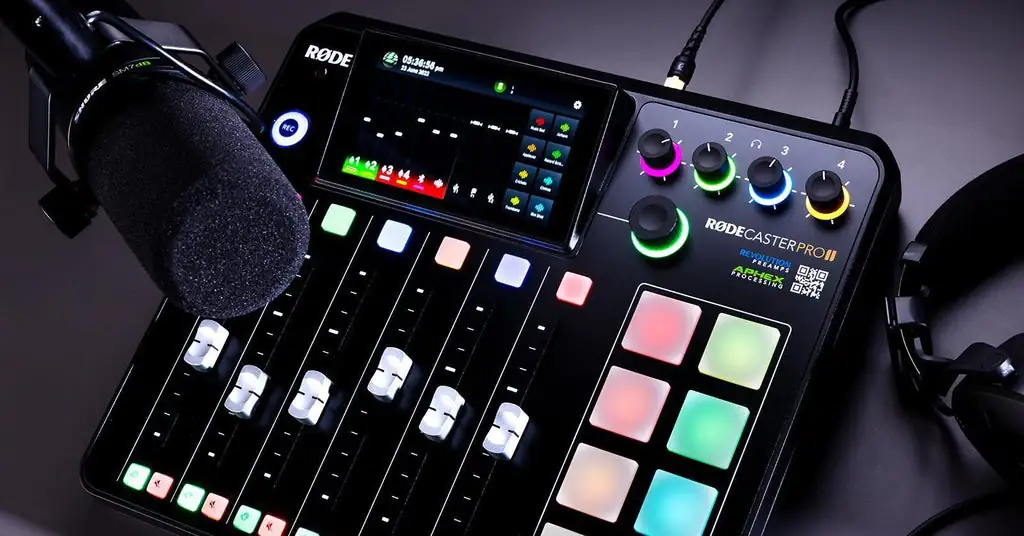 Podcast Audio Visual Services audio interface and monitoring workflow showing level control and routing for professional podcast recording.