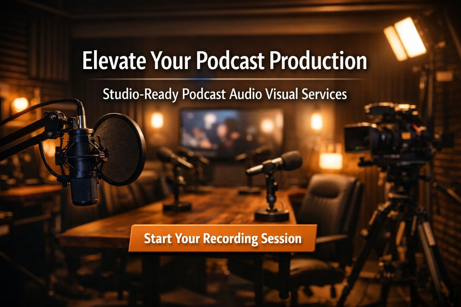 Podcast Audio Visual Services CTA banner featuring professional studio podcast setup with microphone and cinematic lighting.