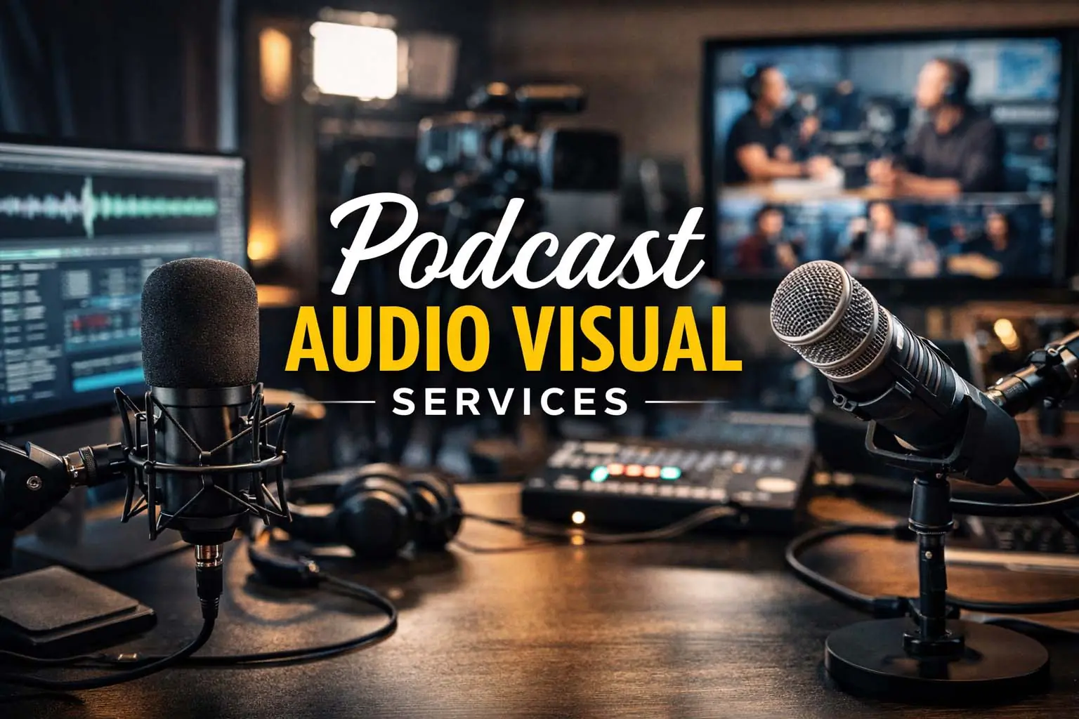 Podcast Audio Visual Services studio recording, multi-camera video podcast production and professional editing setup.