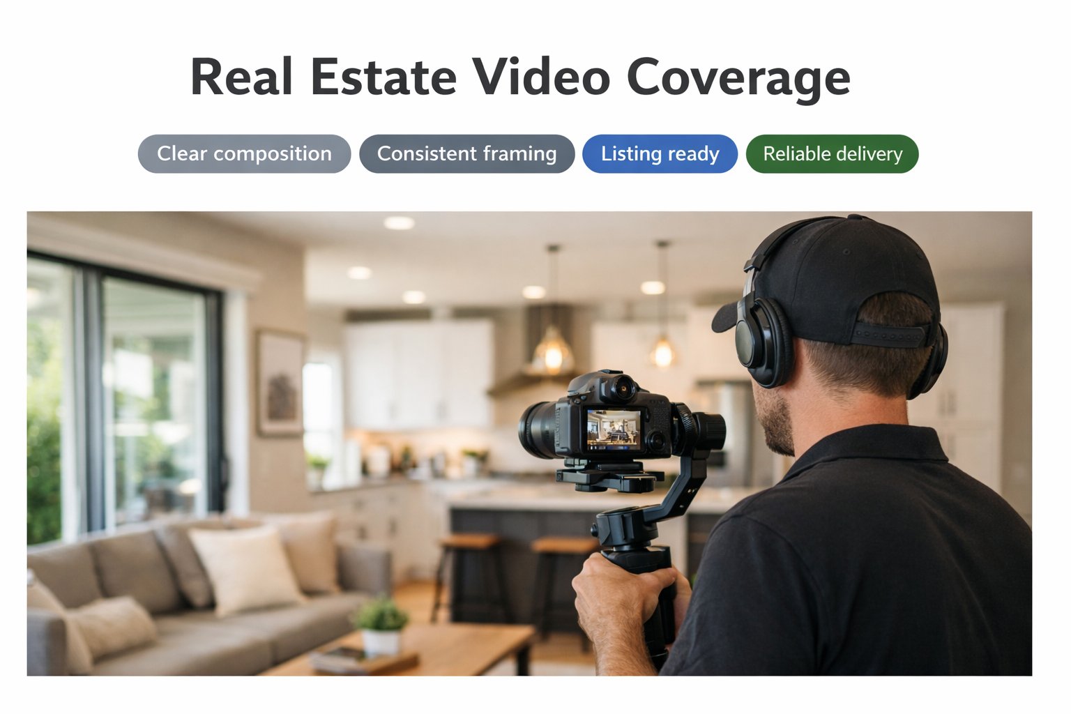 Real estate video coverage walkthrough of a modern residential interior with natural light and accurate room layout documentation