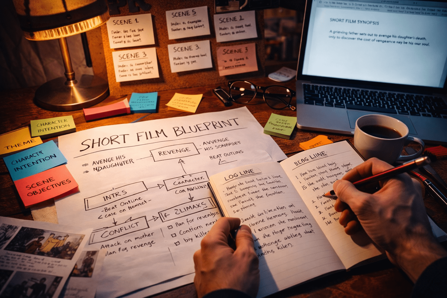 Short films production concept development with story structure notes and scene planning.