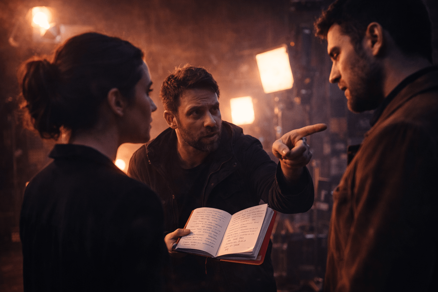 Short films production directing actors on set with performance guidance and scene blocking.