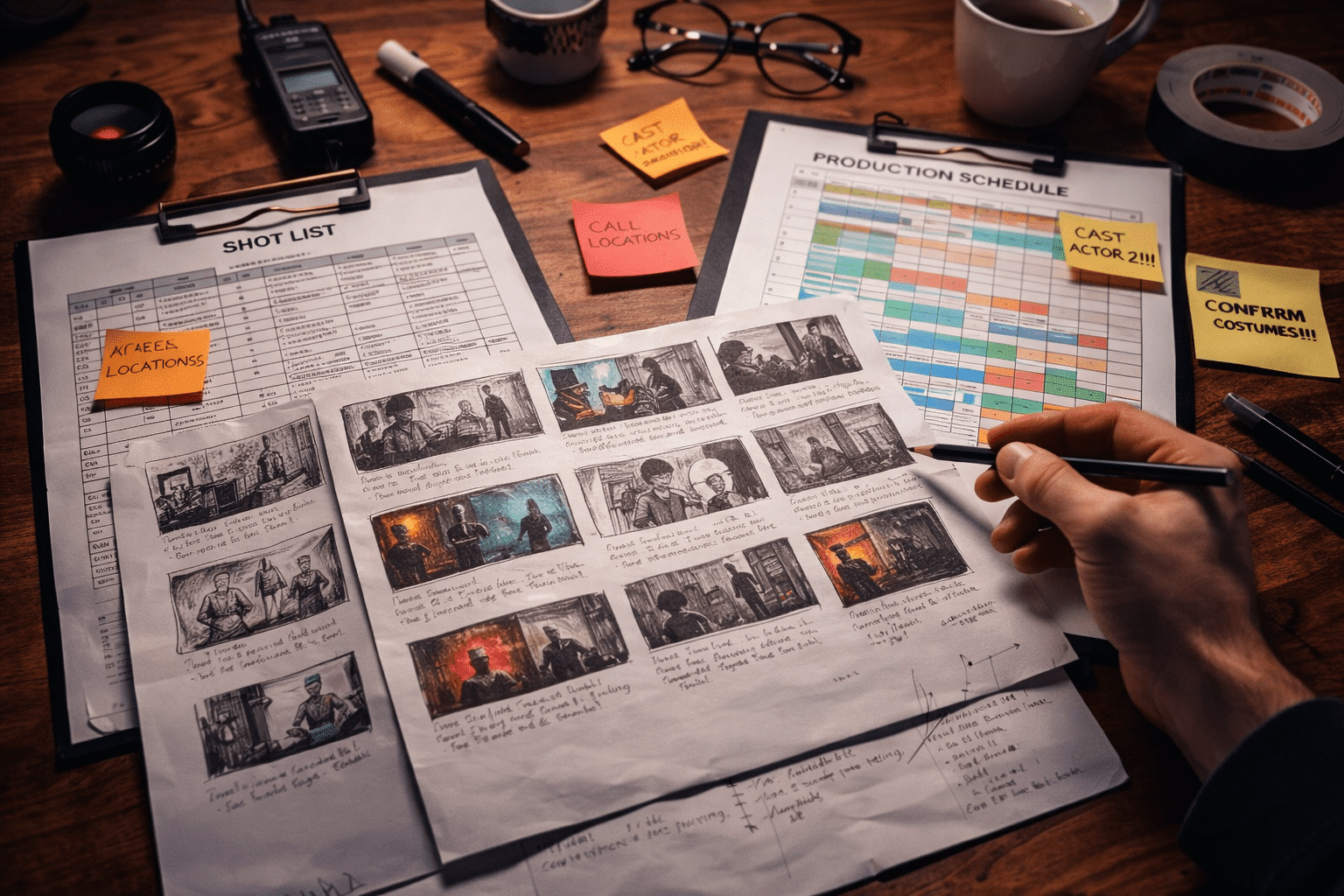Short films production planning with storyboard shot list and production notes.
