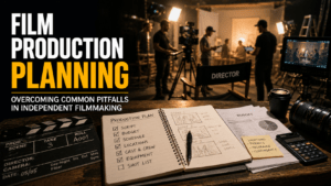 Film production planning on set with script budgeting and crew coordination