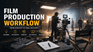 film production workflow on set with camera crew and lighting setup