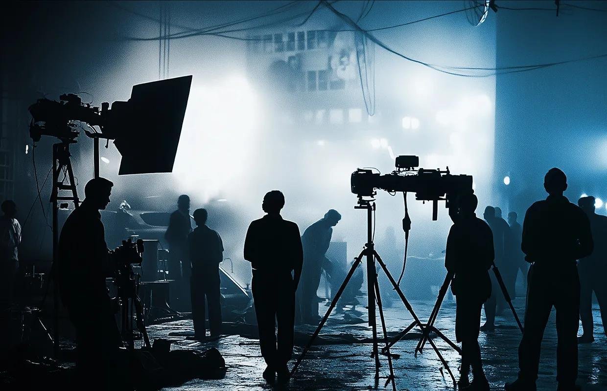 film production workflow on set with camera crew and lighting setup